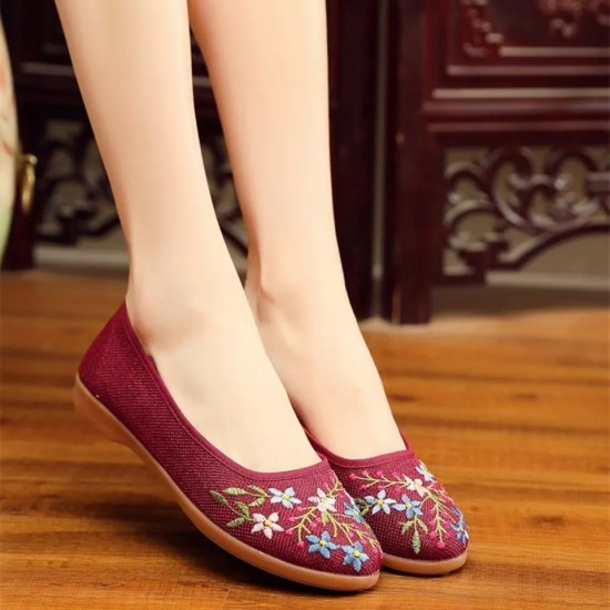 Zapatos De Mujer Women Cute Round Toe Floral Embroidery Slip on Flat Shoes Lady Casual Beige Summer Anti Skid Dance Flats E9441